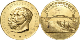 Brandenburg-Preußen
Wilhelm II. 1888-1918 Vergoldete Bronzemedaille 1895 (Lauer) Eröffnungsfeier des Nord-Ostsee-Kanals. Köpfe Kaiser Wilhelm I., Fri...