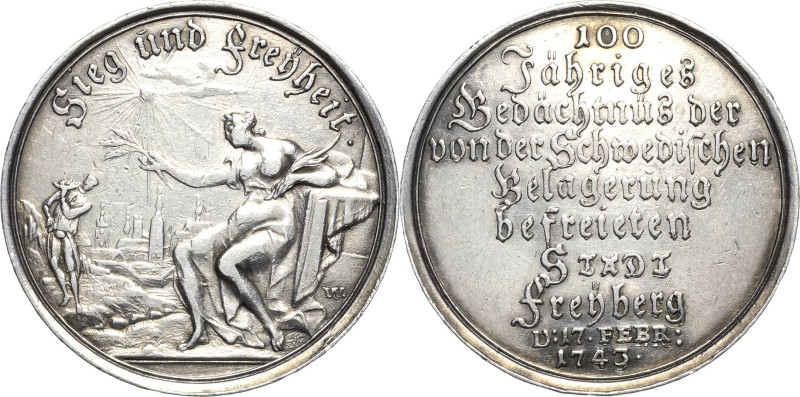 Freiberg
 Silbermedaille 1743 (C. Wermuth) 100-jähriges Jubiläum der Befreiung ...