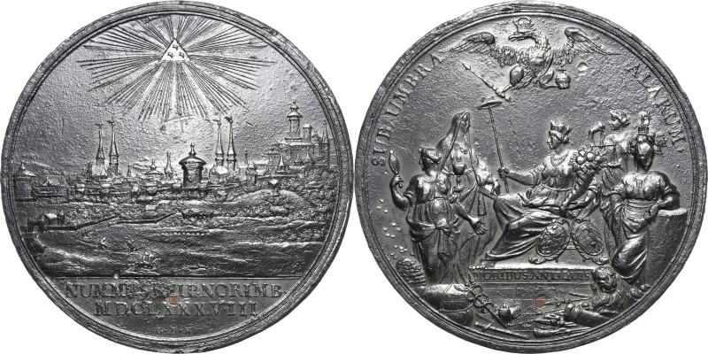 Nürnberg
 Zinnmedaille mit Kupferstift 1688 (Georg Friedrich Nürnberger) Neubau...