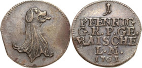 Reuss-Jüngere Linie - Gera
Heinrich XXX. 1748-1802 Pfennig 1761, Saalfeld Schmidt und Knab 481 Selten in dieser Erhaltung. Kl. Zainende, vorzüglich+...