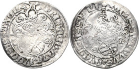 Sachsen-Kurlinie ab 1486 bis 1547 (Ernestiner)
Friedrich III., Georg und Johann 1500-1507 Zinsgroschen o.J. Rv. Kleeblatt-Annaberg Umschriften enden:...