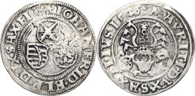 Sachsen-Kurlinie ab 1486 bis 1547 (Ernestiner)
Johann Friedrich und Moritz 1541-1547 1/4 Guldengroschen 1546, Av. 6-strahliger Stern-Freiberg Keilitz...