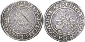 Sachsen-Kurlinie ab 1486 bis 1547 (Ernestiner)
Johann Friedrich und Landgraf Philipp von Hessen 1542-1547 1/4 Guldengroschen 1545, Goslar 1/4 Schmalk...