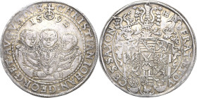 Sachsen-Kurlinie ab 1547 (Albertiner)
Christian II., Johann Georg I. und August 1591-1611 Taler 1592, HB-Dresden Hüftbilder auf gleicher Höhe Keilitz...