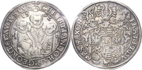 Sachsen-Kurlinie ab 1547 (Albertiner)
Christian II., Johann Georg I. und August 1591-1611 Taler 1592, HB-Dresden Keilitz/Kahnt 186 Schnee 754 Davenpo...