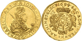 Sachsen-Kurlinie ab 1547 (Albertiner)
Johann Georg IV. 1691-1694 Dukat 1694, IK-Dresden Brustbild nach rechts, das Schwert schulternd, davor Kurhut a...