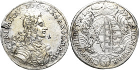 Sachsen-Kurlinie ab 1547 (Albertiner)
Friedrich August I., der Starke 1694-1733 2/3 Taler 1697, IK-Dresden Der Kurschild ist im oberen Feld damaszier...