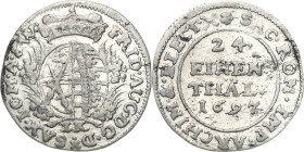 Sachsen-Kurlinie ab 1547 (Albertiner)
Friedrich August I., der Starke 1694-1733 1/24 Taler (Groschen) 1697, IK-Dresden Der Kurschild ist im oberen Fe...