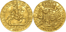 Sachsen-Kurlinie ab 1547 (Albertiner)
Friedrich August I., der Starke 1694-1733 Dukat 1702, EPH-Leipzig Reitender Kurfürst nach rechts / Bekröntes sä...
