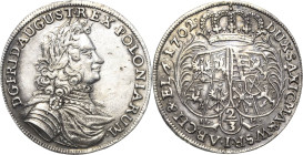 Sachsen-Kurlinie ab 1547 (Albertiner)
Friedrich August I., der Starke 1694-1733 2/3 Taler 1702, ILH-Dresden Jahreszahl 1702 aus 1701 geschnitten. Rv-...