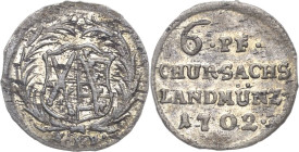 Sachsen-Kurlinie ab 1547 (Albertiner)
Friedrich August I., der Starke 1694-1733 6 Pfennig "Roter Seufzer" 1702, EPH-Dresden Mit Punkt hinter Mzz Kahn...
