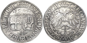 Schwäbisch Hall
 Taler 1545. Beide Stadtwappen, darüber Laubwerk und die Jahreszahl, unten das Münzstättenzeichen / Der gekrönte doppelköpfige Reichs...