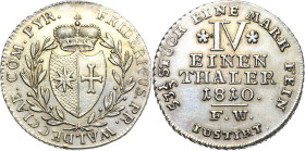Waldeck und Pyrmont
Friedrich 1763-1812 1/4 Taler 1810, FW-Arolsen Umschrift mit STÜCK AKS 4 Jaeger 7 b Prägefrisch/fast prägefrisch