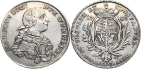 Württemberg
Karl Eugen 1744-1793 Taler 1781, DH-Stuttgart Klein/Raff 376 Ebner 242 Davenport 2870 Fast Vorzüglich/Vorzüglich