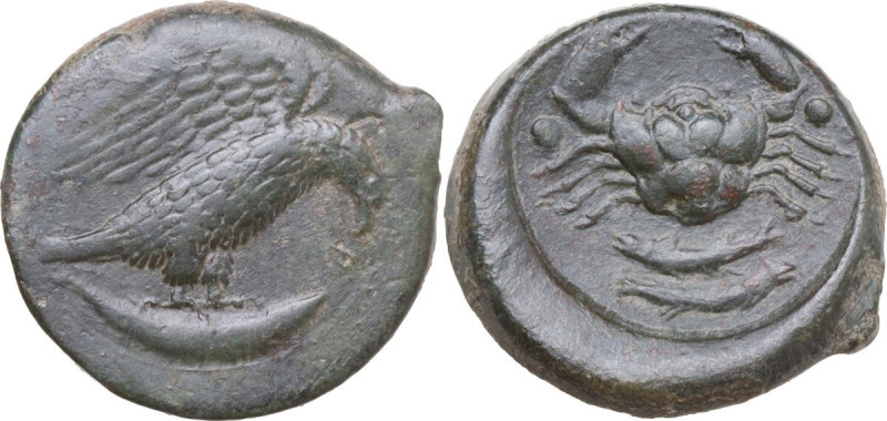 Sicily. Akragas. AE Hexas, c. 425-410 BC. Obv. [AKPA]. Eagle standing right on f...