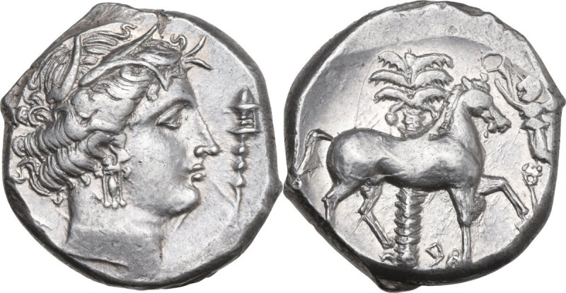 Sicily. Entella. Punic issues. AR Tetradrachm, c. 345/38-320/15 BC. Obv. Head of...