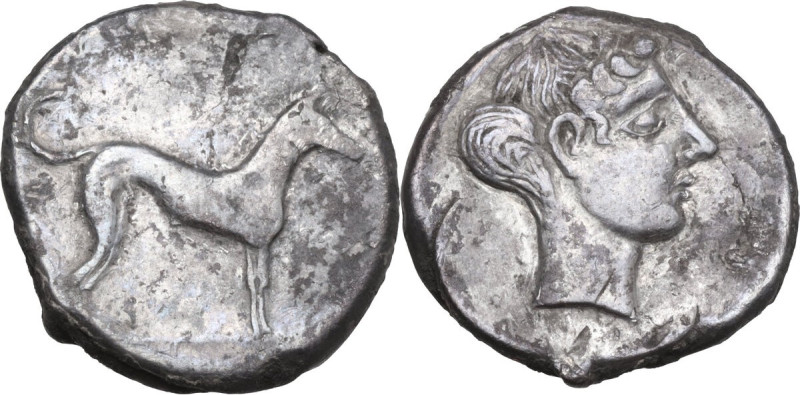 Sicily. Motya. AR Didrachm, c. 415-400 BC. Obv. Hound standing right. Rev. Femal...