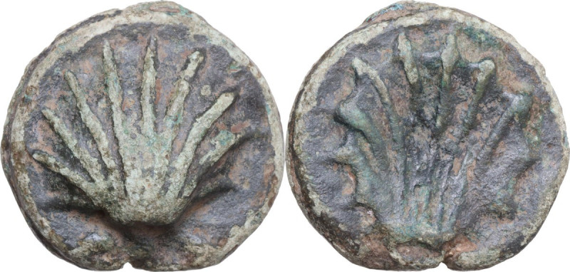 Roma/Roma with club series. AE Cast Sextans, c. 213 BC. Obv. Cockle-shell seen f...