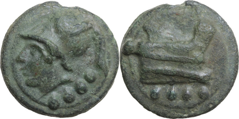 Janus/prow to right libral series. AE Cast Triens, c. 225-217 BC. Obv. Helmeted ...