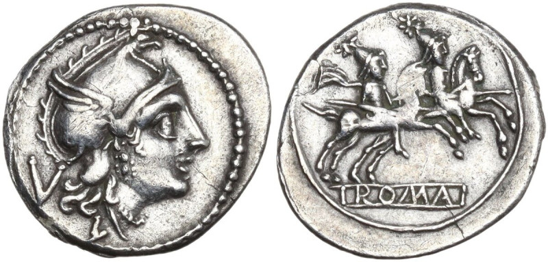 L series. AR Quinarius, Luceria (Castra Valeriana), 214 BC. Obv. Helmeted head o...