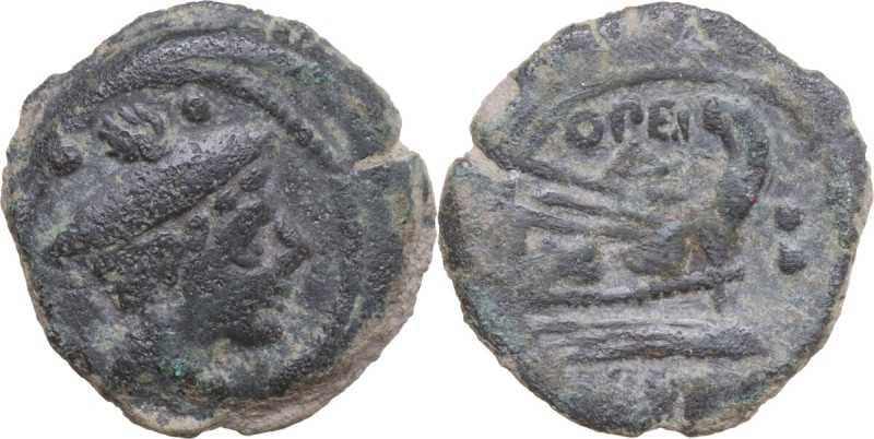 Q. Opimius. AE Sextans, 169-158 BC. Obv. Head of Mercury right, wearing winged p...