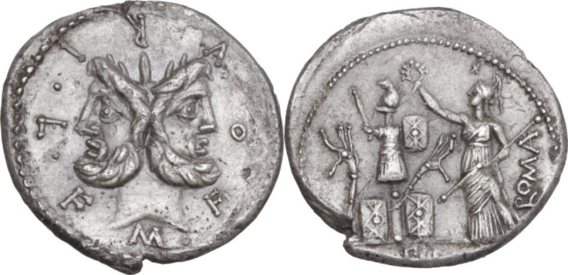 M. Furius L.f. Philus. AR Denarius, 119 BC. Obv. M. FOVRI. L. F. Laureate head o...