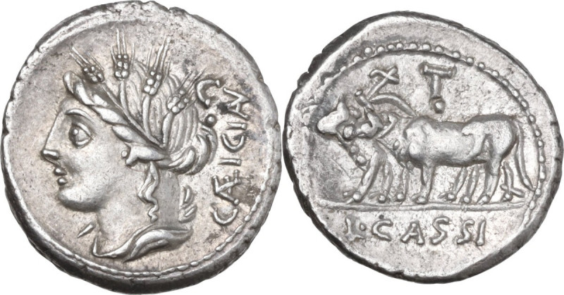 L. Cassius Caecianus. AR Denarius, 102 BC. Obv. Draped bust of Ceres left; above...