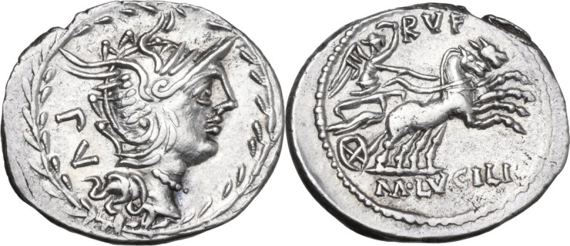 Mn. Lucilius M.f. AR Denarius, 101 BC. Obv. Helmeted head of Roma right; behind,...