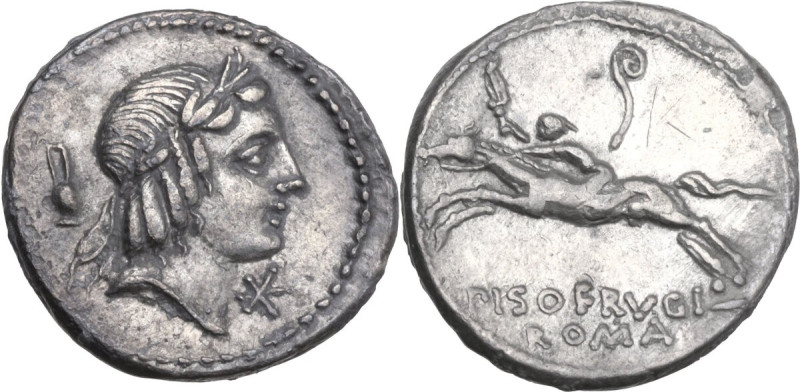 L. Calpurnius Piso Frugi. AR Denarius, 90 BC. Obv. Laureate head of Apollo right...