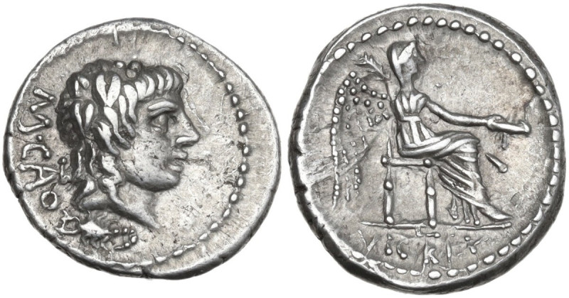 M. Cato. AR Quinarius, 89 BC. Obv. Head of Liber right, wearing ivy-wreath; behi...