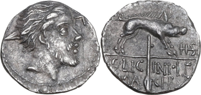 C. Licinius L.f. Macer. AR Sestertius, 84 BC. Obv. Male head right, bearded, wit...