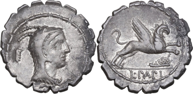 L. Papius. AR Denarius serratus, 79 BC. Obv. Head of Juno Sospita right, wearing...