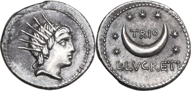 L. Lucretius Trio. AR Denarius, 76 BC. Obv. Radiate head of Sol right. Rev. TRIO...