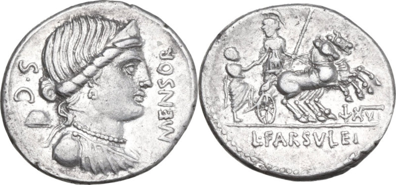 L. Farsuleius Mensor. AR Denarius, 75 BC. Obv. Diademed and draped bust of Liber...