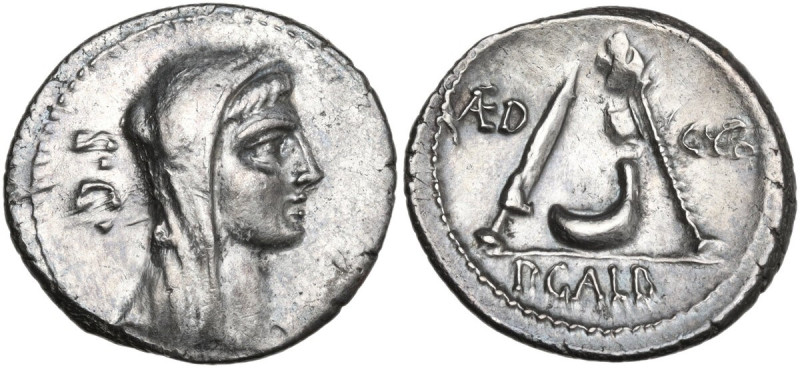 P. Sulpicius Galba. AR Denarius, 69 BC. Obv. Veiled bust of Vesta right; behind,...