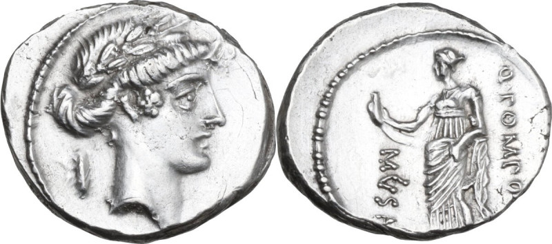 Q. Pomponius Musa. AR Denarius, 66 BC. Obv. Laureate head of Apollo right; behin...