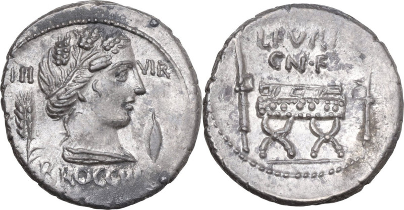 L. Furius Cn. f. Brocchus. AR Denarius, 63 BC. Obv. III-VIR. Head of Ceres right...