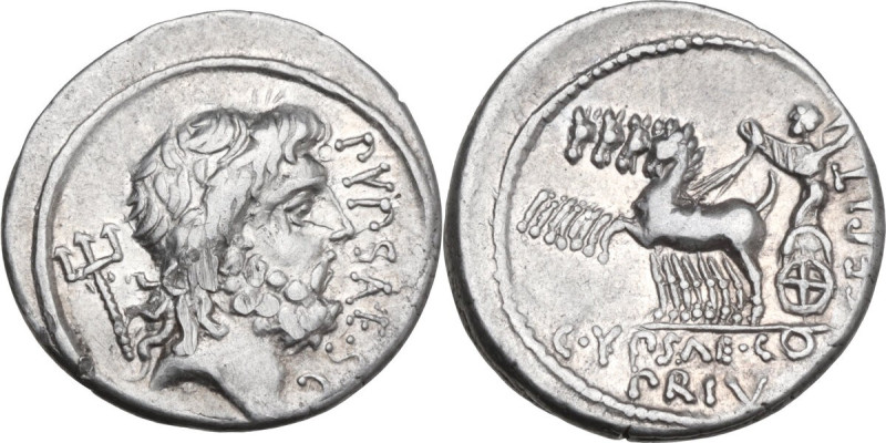 P. Plautius Hypsaeus. AR Denarius, 60 BC. Obv. Head of Neptune right; behind, tr...