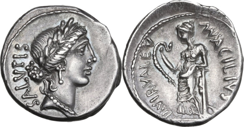 Mn. Acilius Glabrio. AR Denarius, 49 BC. Obv. Laureate head of Salus right; behi...