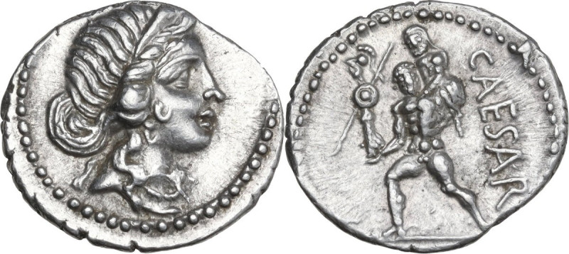 Julius Caesar. AR Denarius, 47-46 BC. Obv. Diademed head of Venus right. Rev. CA...