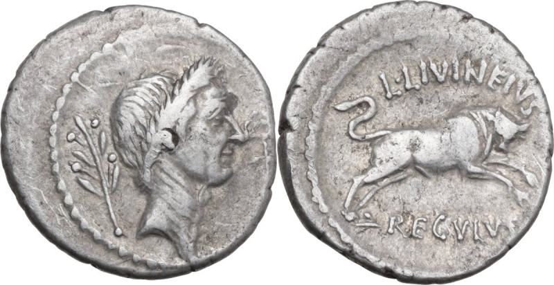 L. Livineius Regulus. AR Denarius, 42 BC. Obv. Laureate head of Caesar right; be...