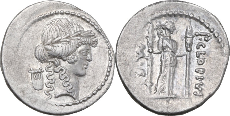 P. Clodius M.f. Turrinus. AR Denarius, 42 BC. Obv. Laureate head of Apollo right...