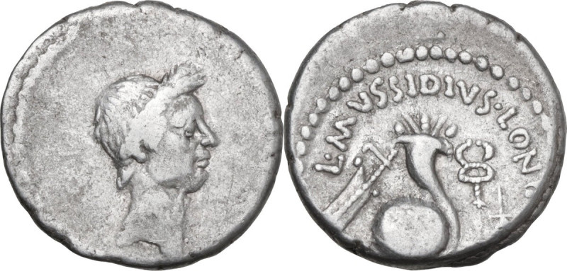 Julius Caesar. AR Denarius, L. Mussidius Longus moneyer, 42 BC. Obv. Laureate he...