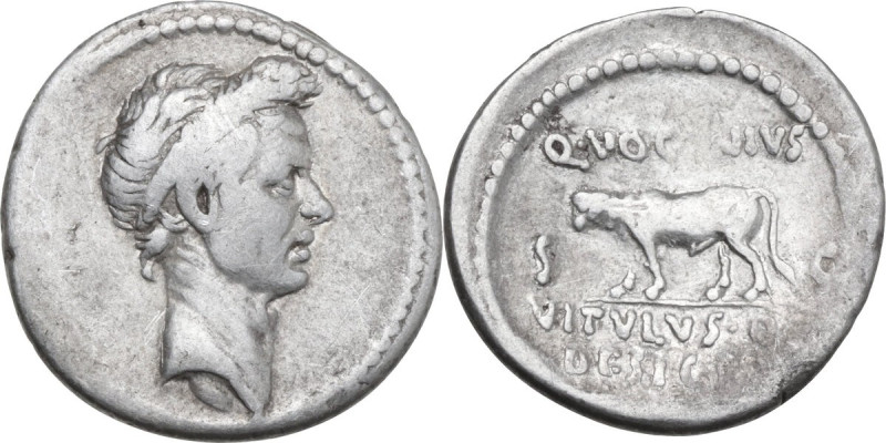 Q. Voconius Vitulus. AR Denarius, 40 BC or later. Obv. Laureate head of Caesar r...