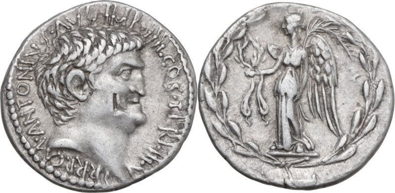 Marcus Antonius. AR Denarius, mint moving with Marcus Antonius, 31 BC. Obv. Head...