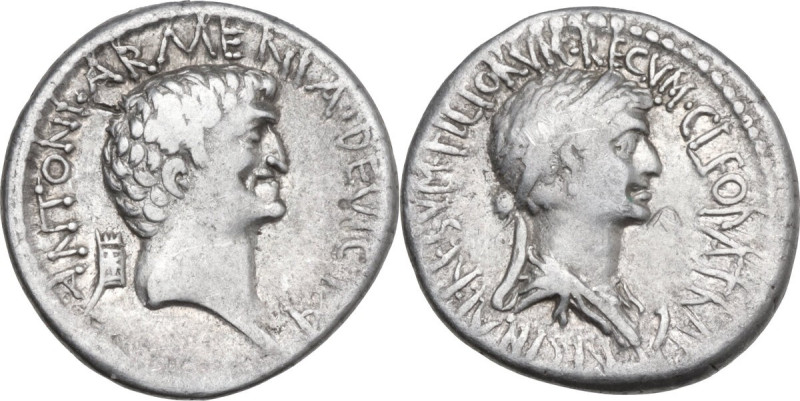 Cleopatra and Marcus Antonius. AR Denarius, 34 BC, Alexandria mint. Obv. ANTONI·...