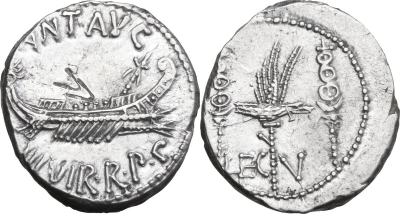 Marcus Antonius. AR Denarius, 32-31 BC. Obv. ANT. AVG III VIR. R. P. C. Praetori...