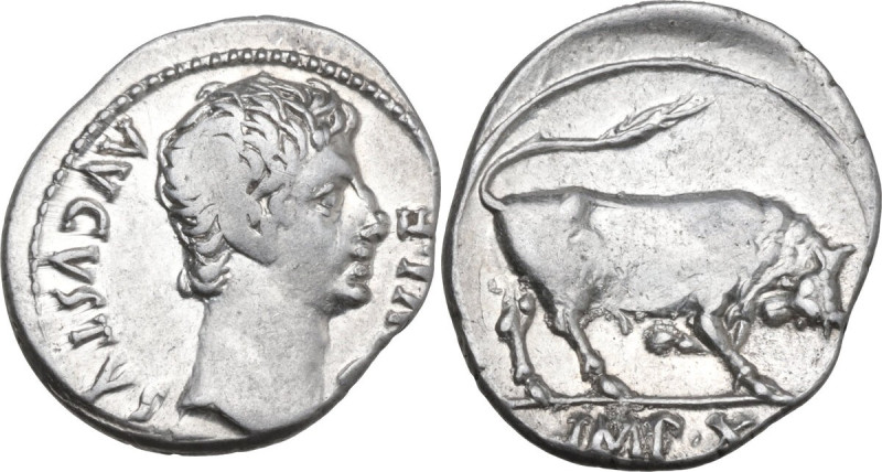 Augustus (27 BC - 14 AD). AR Denarius, Lugdunum mint, 15 BC. Obv. AVGVSTVS DIVI ...