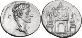 Augustus (27 BC - 14 AD). AR Denarius, 16 BC. Obv. Bare head right. Rev. L VINICIVS. Triumphal arch Inscribed S P Q R IMP CAE, surmounted by facing qu...