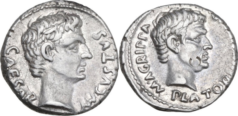 Augustus (27 BC - 14 AD) with Agrippa. AR Denarius, 13 BC. C. Sulpicius Platorin...